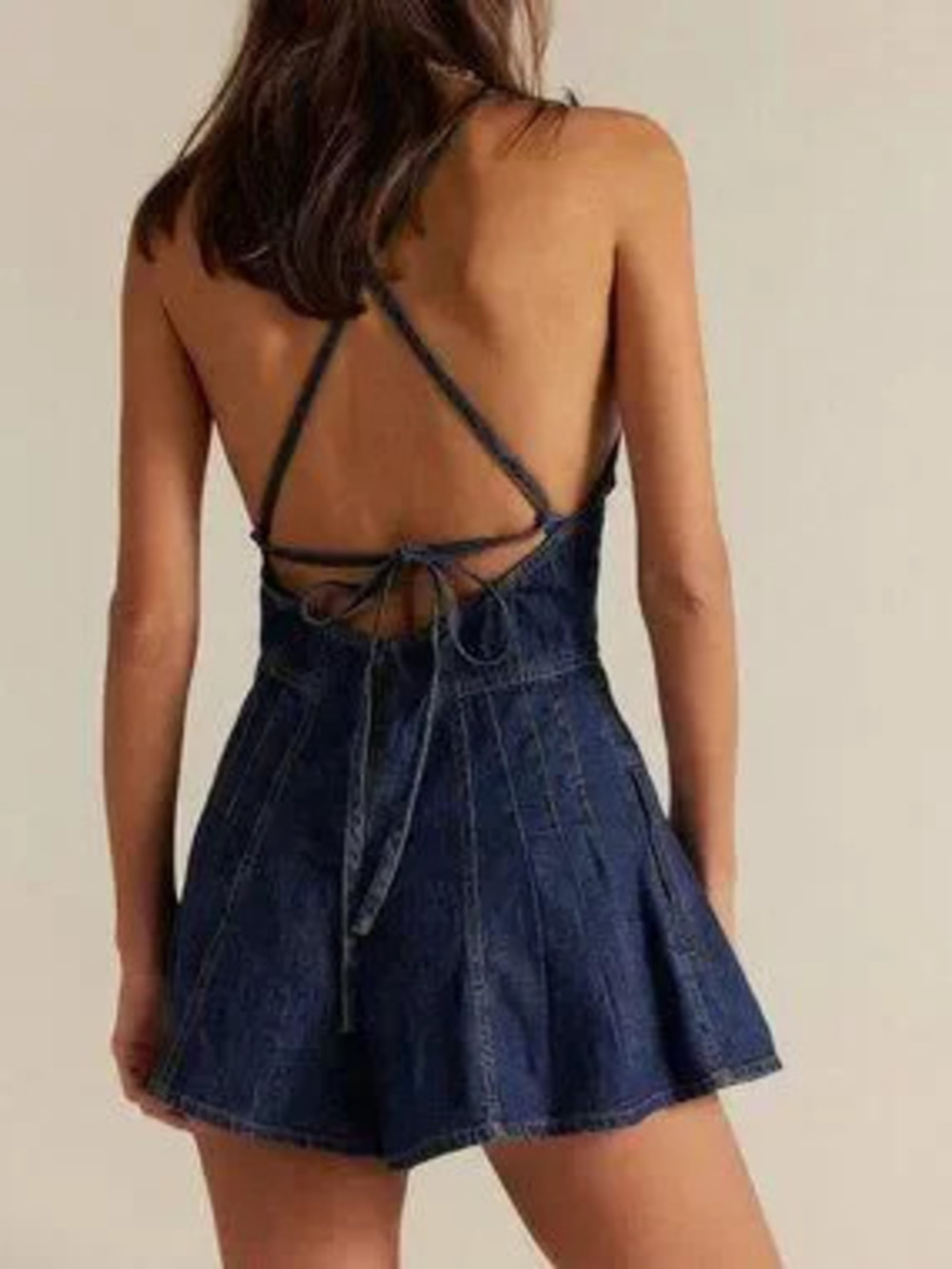 Dark Wash Casual Women's Sleeveless V-Neck Ruffle Denim Spaghetti Strap Romper